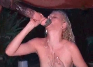 Flat-chested broad seduced by a horse