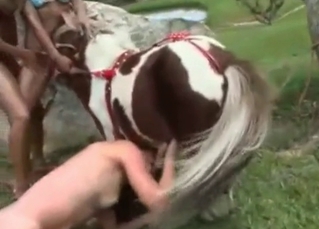 Tanned chick massaging them giant pony balls