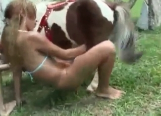 Tanned chick massaging them giant pony balls