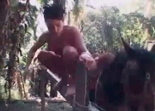 Totally nude chick and a horse