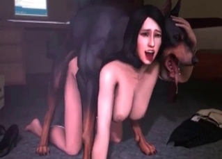 Brunette with a flirty Doberman