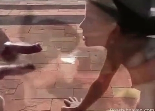 Brave chick takes two dog dicks