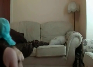Dog gets to enjoy this blindfolded babe