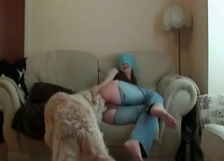 Dog gets to enjoy this blindfolded babe